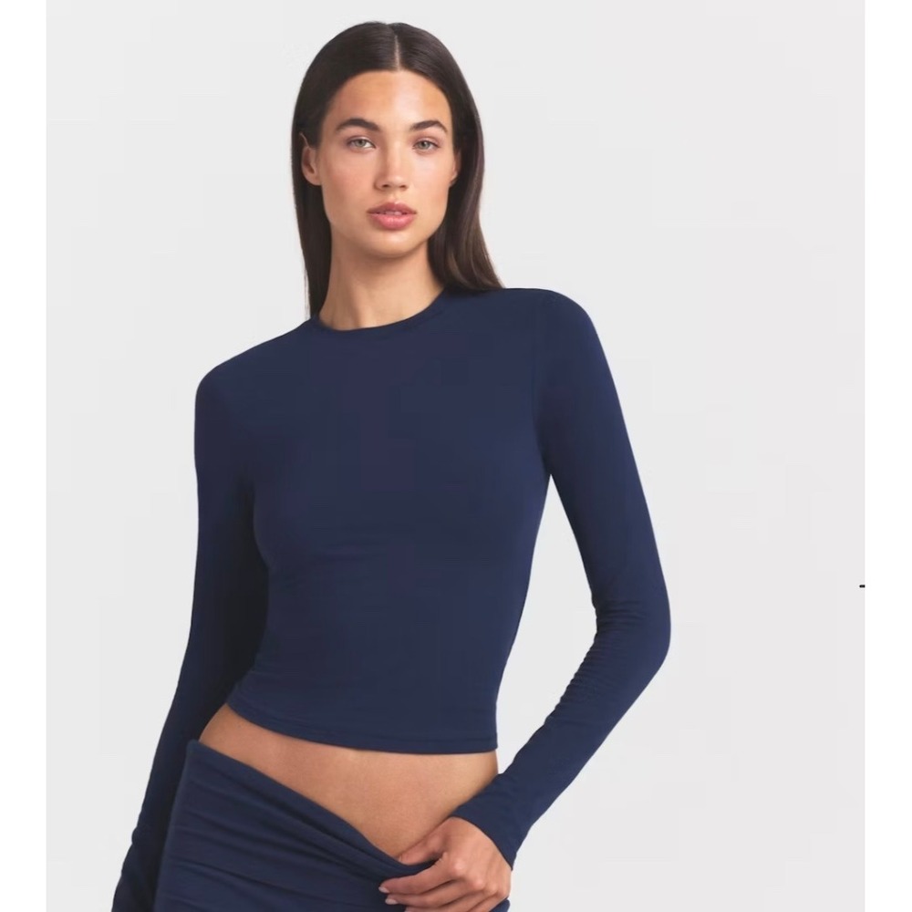 Skims Long Sleeve Navy Cotton Jersey T Shirt